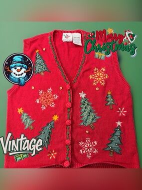 Vtg-90s Nut Cracker Sweater Knit Christmas Button Front Appliqué Vest Trees—Sz S